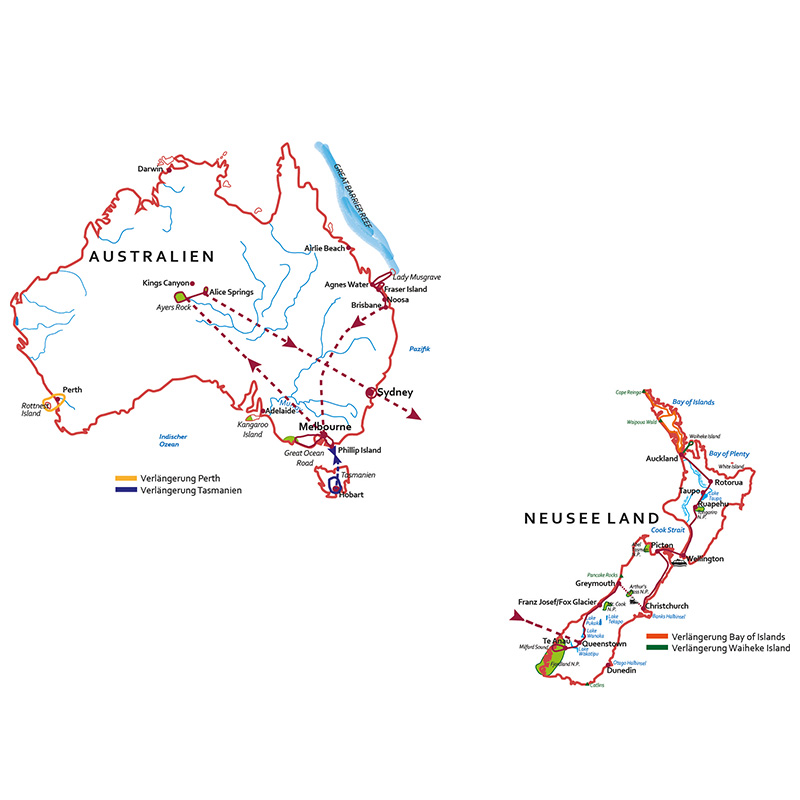 Australien: Karte und Tourenverlauf Kombinationsreise Australien und Neuseeland