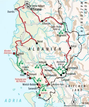 Albanien: Karte und Tourenverlauf Trekking-Radreise Süd-Albanien