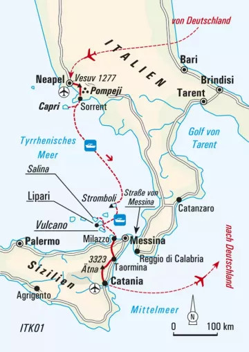 Azoren: Karte und Tourenverlauf Wanderreise Vesuv, Stromboli und Ätna