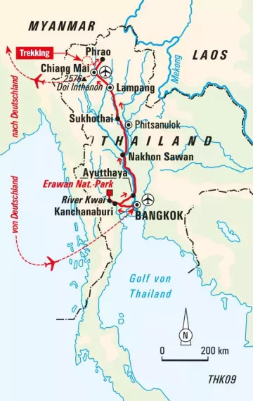 Thailand: Karte und Tourenverlauf Aktivreise mit Wanderungen und Fahrradtouren